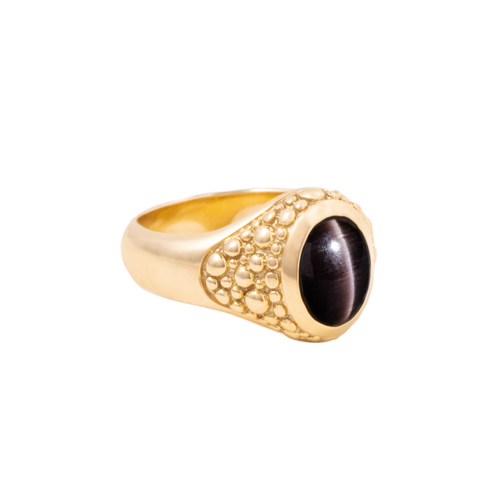 Cat Eye Oval Stone 10K Gold Ring w/ Stingray Texture