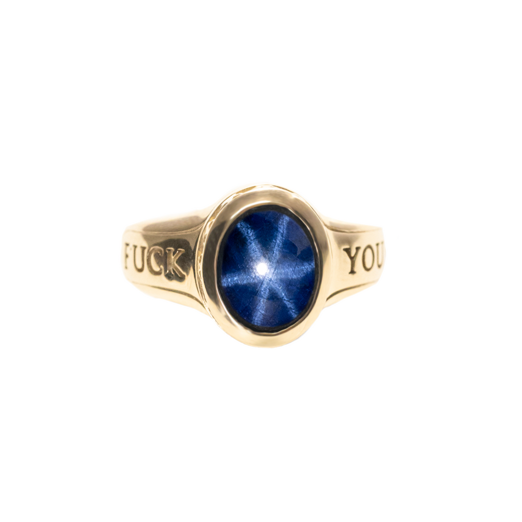 Sapphire Stone 10K Gold Ring w/ Fuck You and Stars