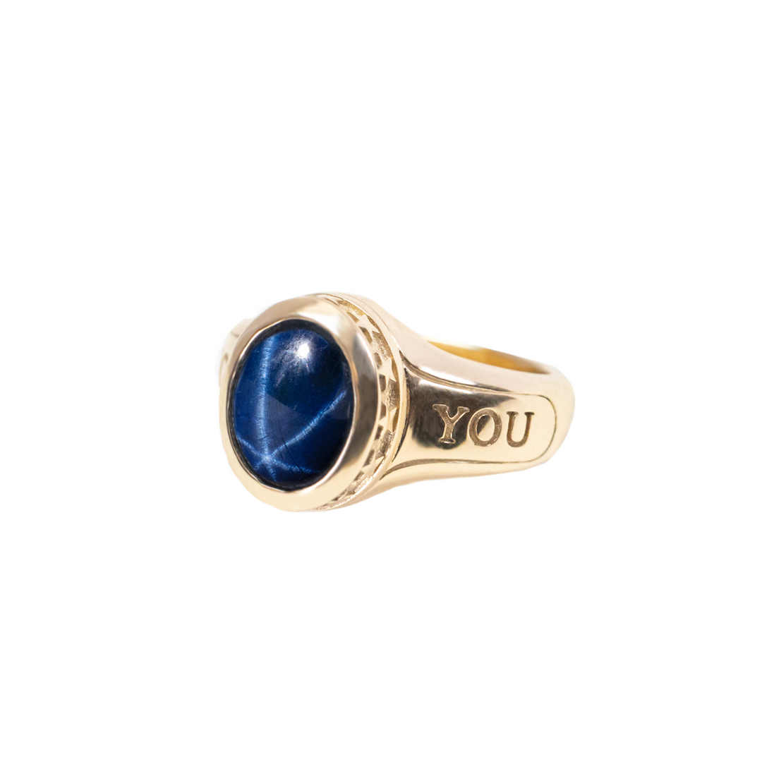 Sapphire Stone 10K Gold Ring w/ Fuck You and Stars