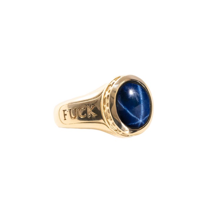 Sapphire Stone 10K Gold Ring w/ Fuck You and Stars