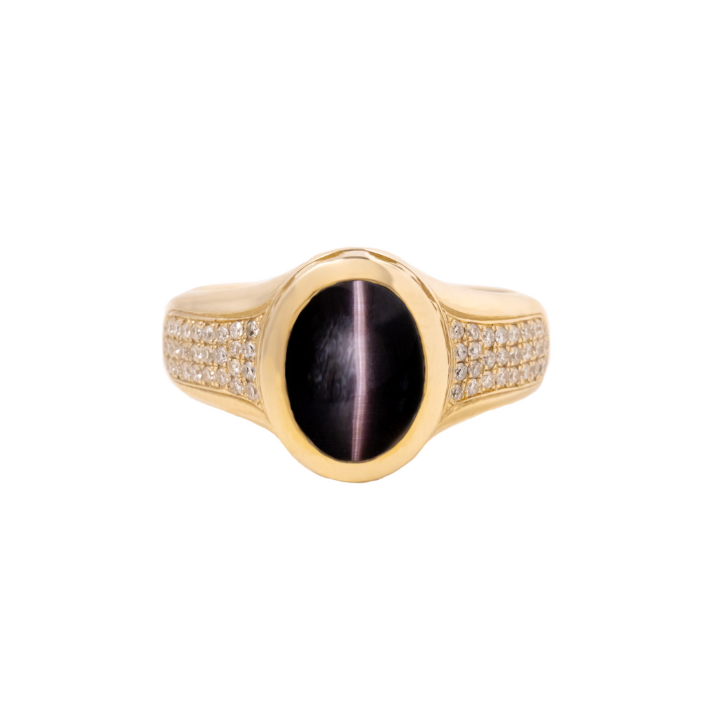 Cat Eye Stone 10K Gold Ring w/ Stars and Diamonds