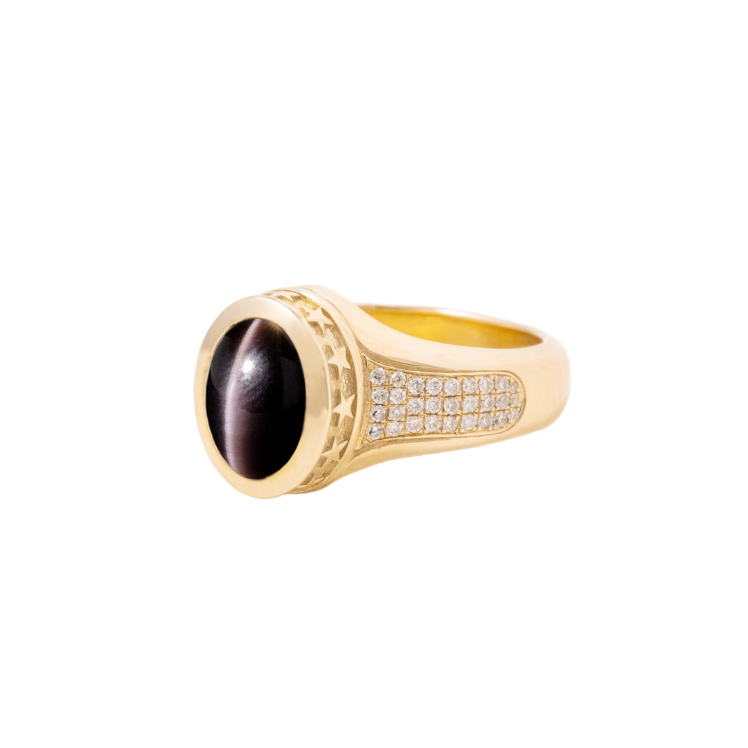 Cat Eye Stone 10K Gold Ring w/ Stars and Diamonds