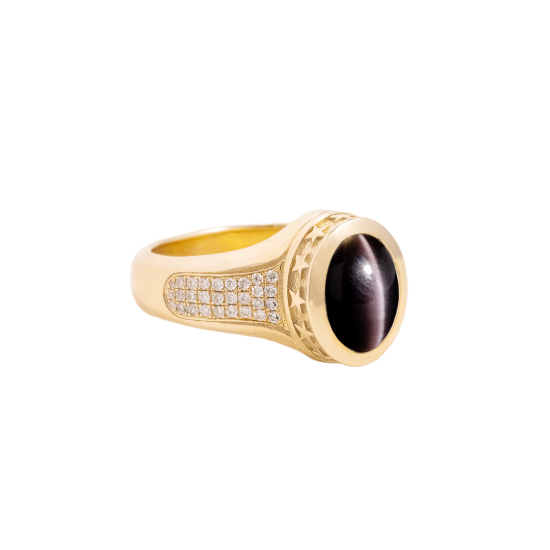 Cat Eye Stone 10K Gold Ring w/ Stars and Diamonds