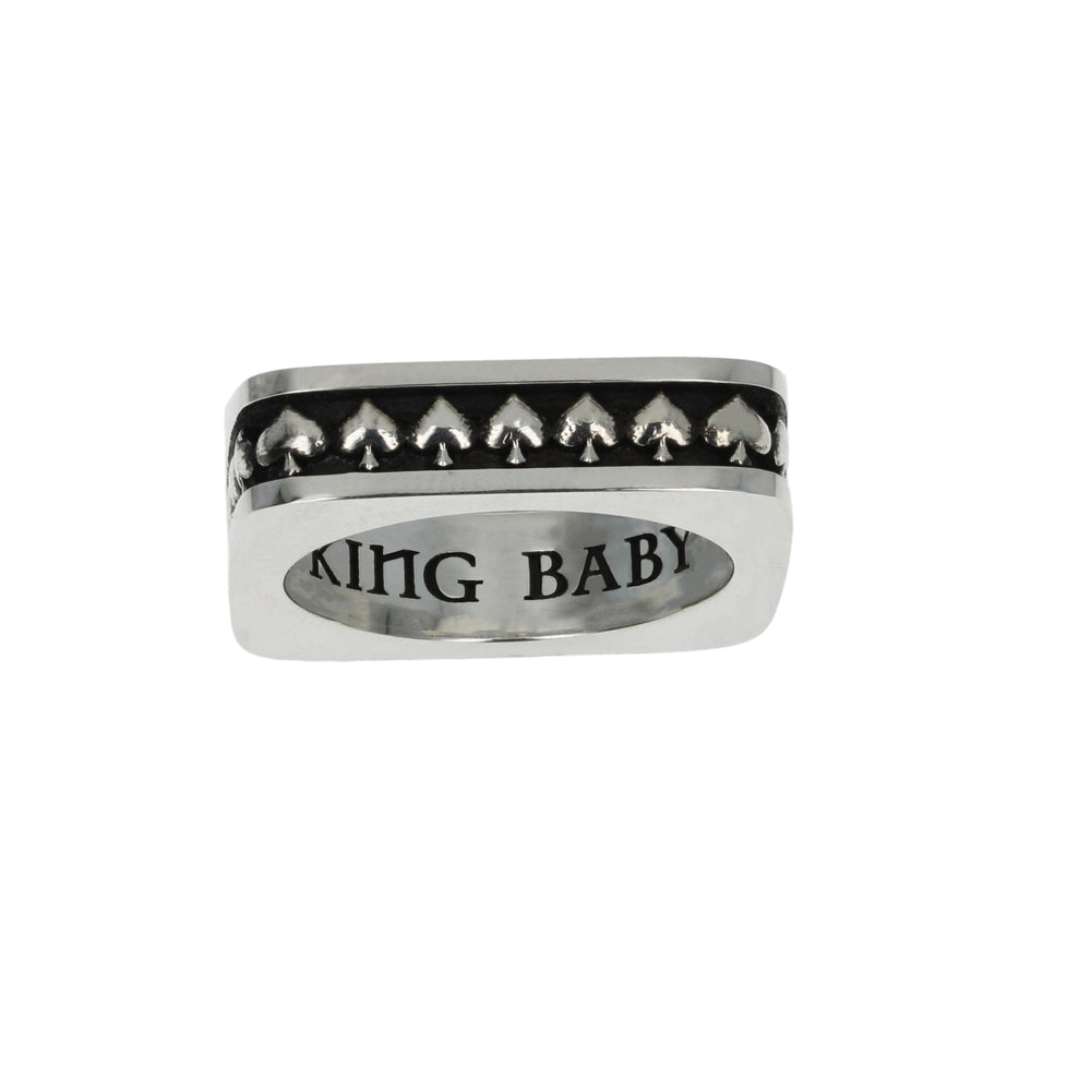 Silver Spade ring with 'KING BABY' engraving on a white background motif view