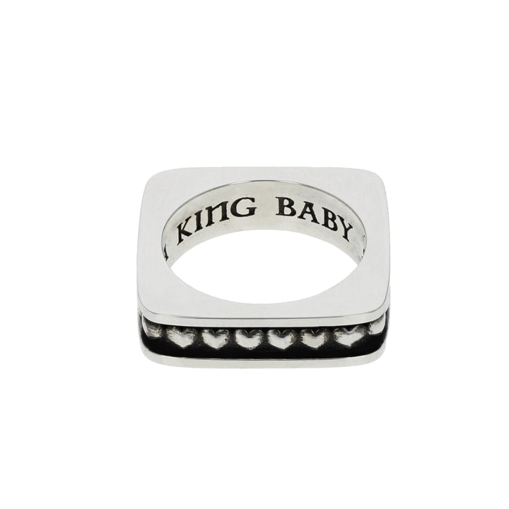 Silver Heart ring with 'KING BABY' engraving on a white background