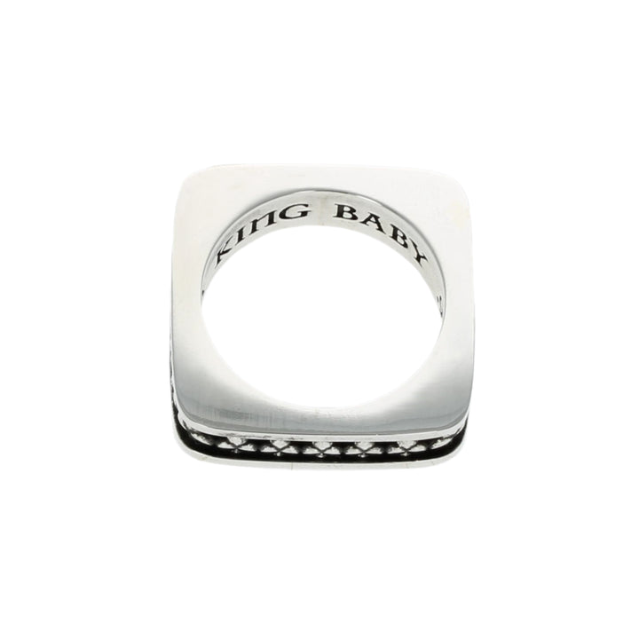 Silver club suit ring with black gemstones and 'USA KING B' engraving on a white background top