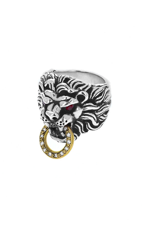 Alternate Shot of Lion's Head Ring w/18K Toggle, Diamonds w/Ruby Eyes