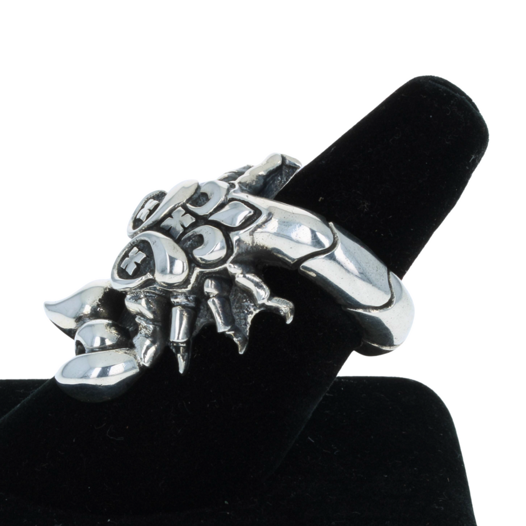 Scorpion Ring on white background side on black finger display