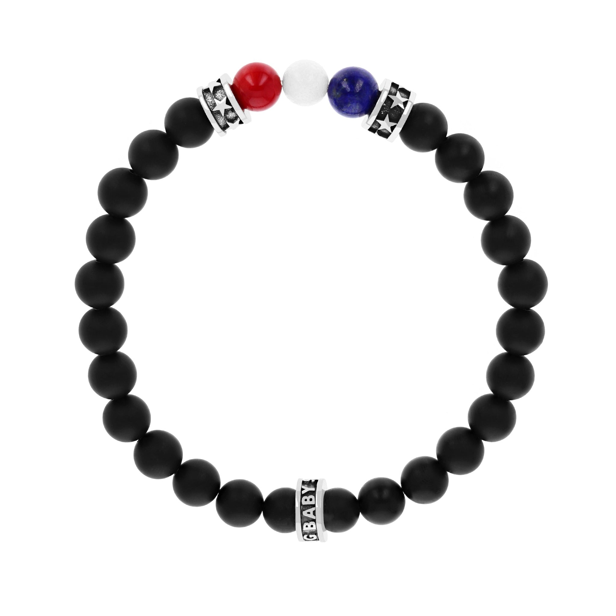 8mm Onyx Bead Bracelet w/ Lapis, White Coral, and Red Coral Beads and 2 Stars Rings