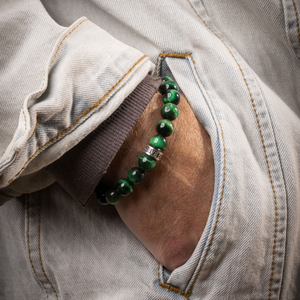10mm Green Tiger Eye Beaded Bracelet w/ Logo Ring on model wrist