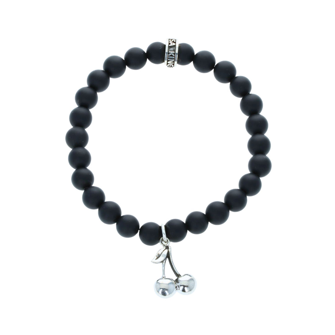 Black beaded bracelet with a silver cherry charm on a white background