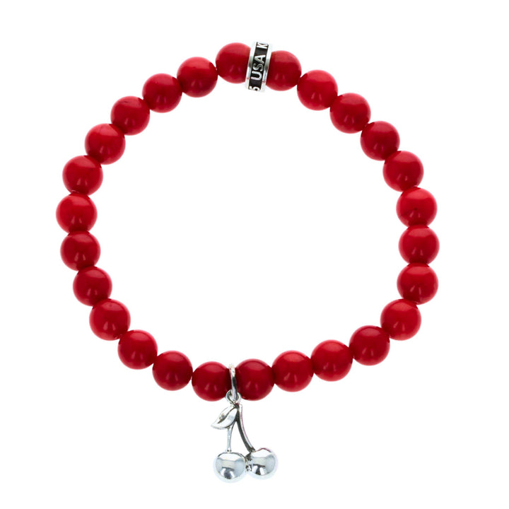 8mm Red Coral Bead Bracelet w/ Micro Cherry