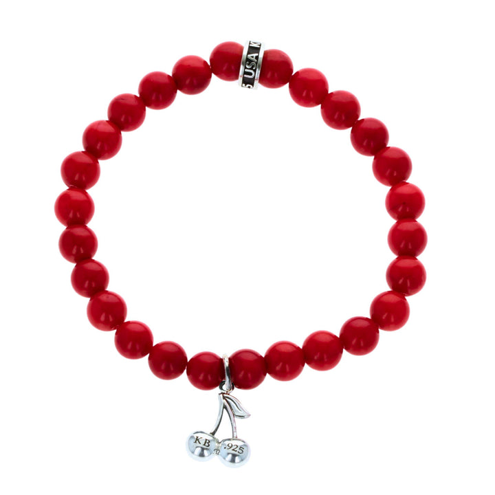 8mm Red Coral Bead Bracelet w/ Micro Cherry