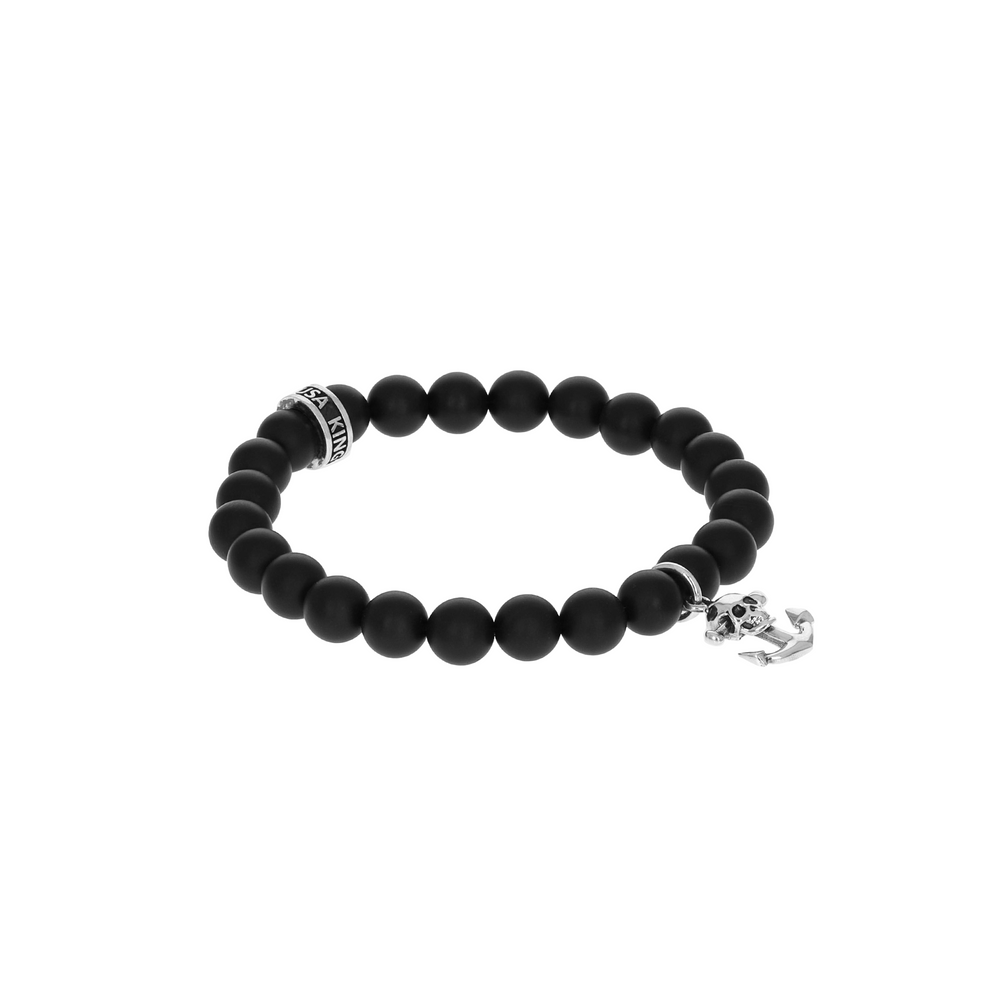 Anchor Skull Charm Onyx Bracelet on white background 3/4 view