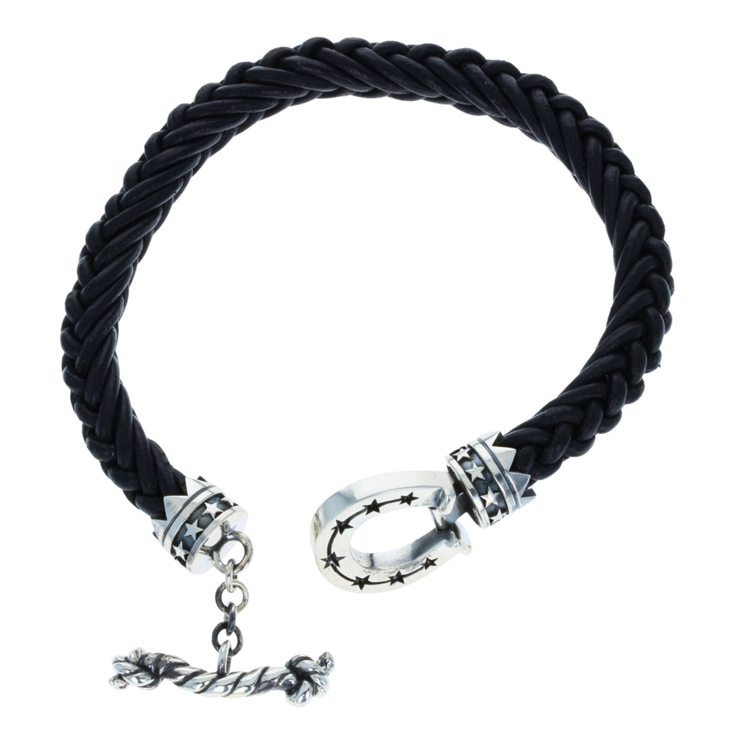 Horseshoe Braided Leather Bracelet open on white background