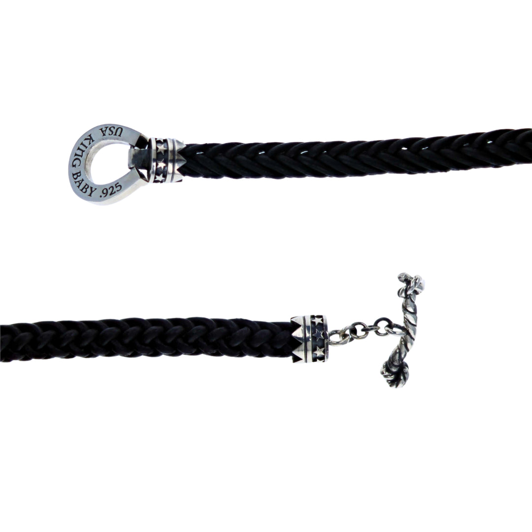 Black braided leather bracelet  with silver clasp on a white background