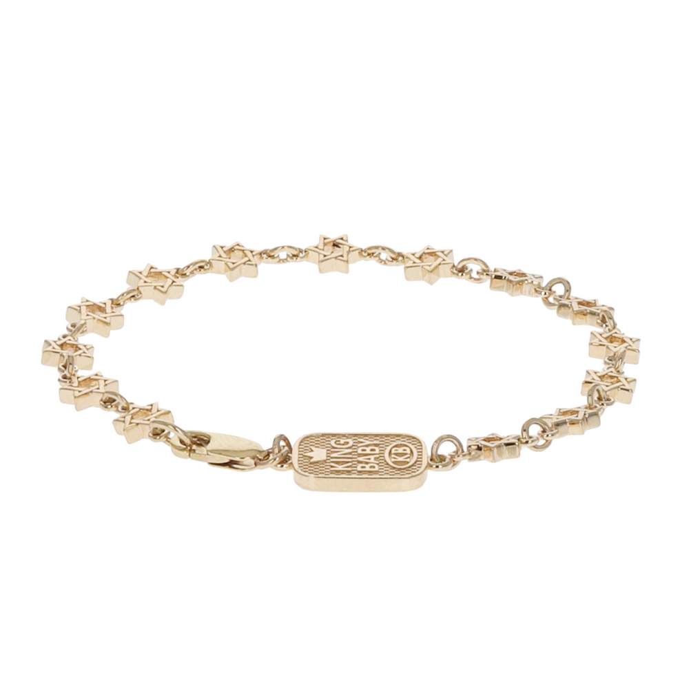 10 karat gold star of david chain bracelet on white background with tag in front