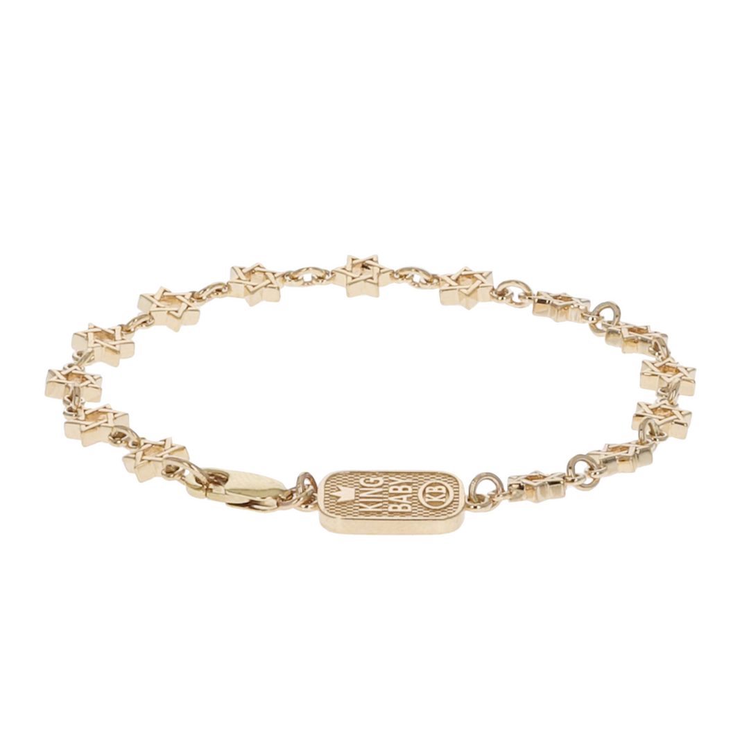 10 karat gold star of david chain bracelet on white background with tag in front