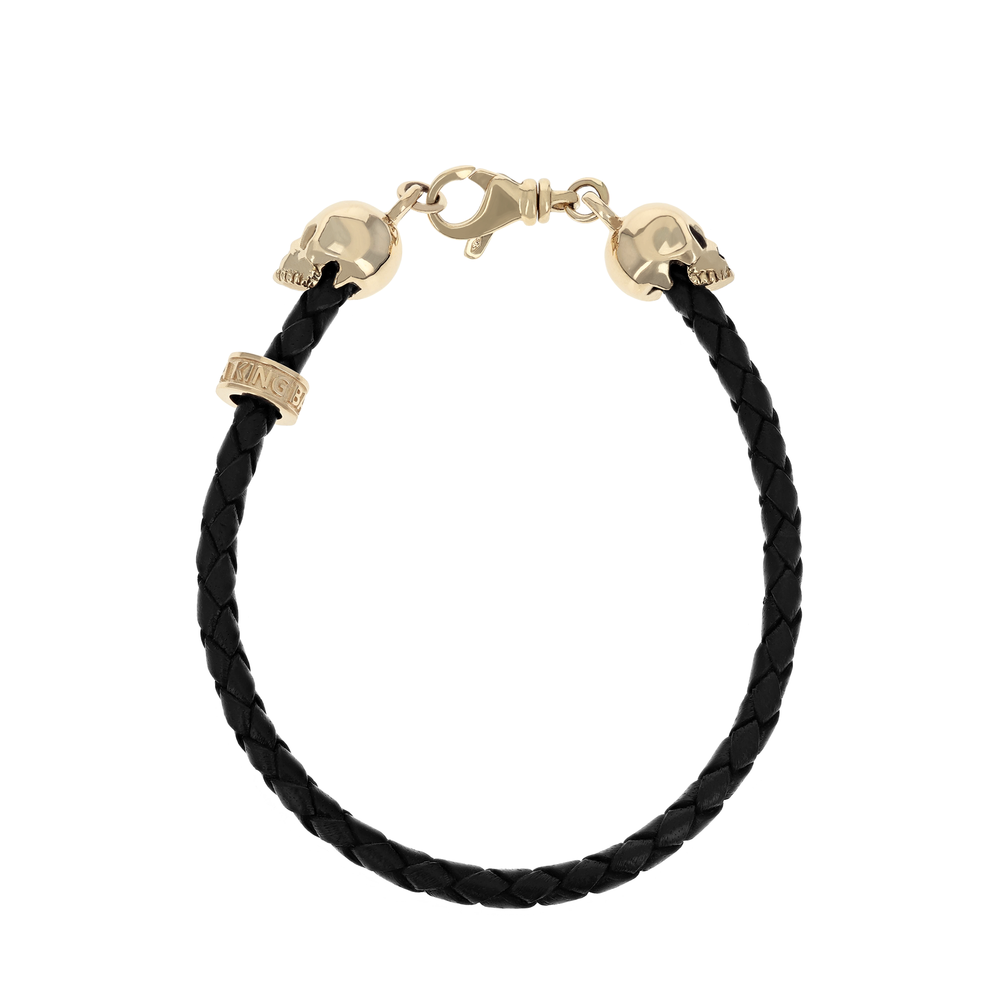 Product shot of 10K Gold Thin Braided Leather Hamlet Skull Bracelet