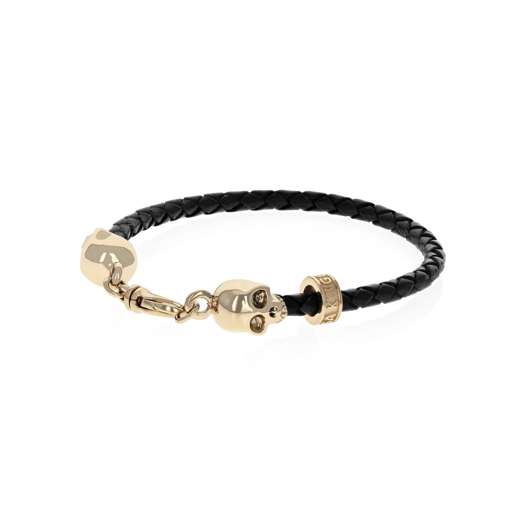 Alternate angle shot of 10K Gold Thin Braided Leather Hamlet Skull Bracelet