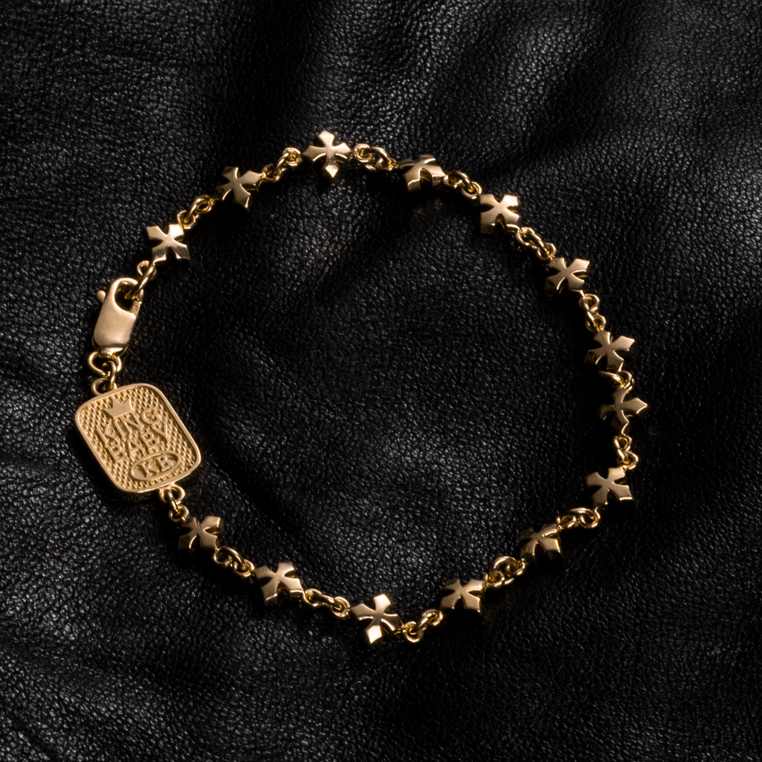 10K YELLOW GOLD Small MB Cross Chain Bracelet on black leather