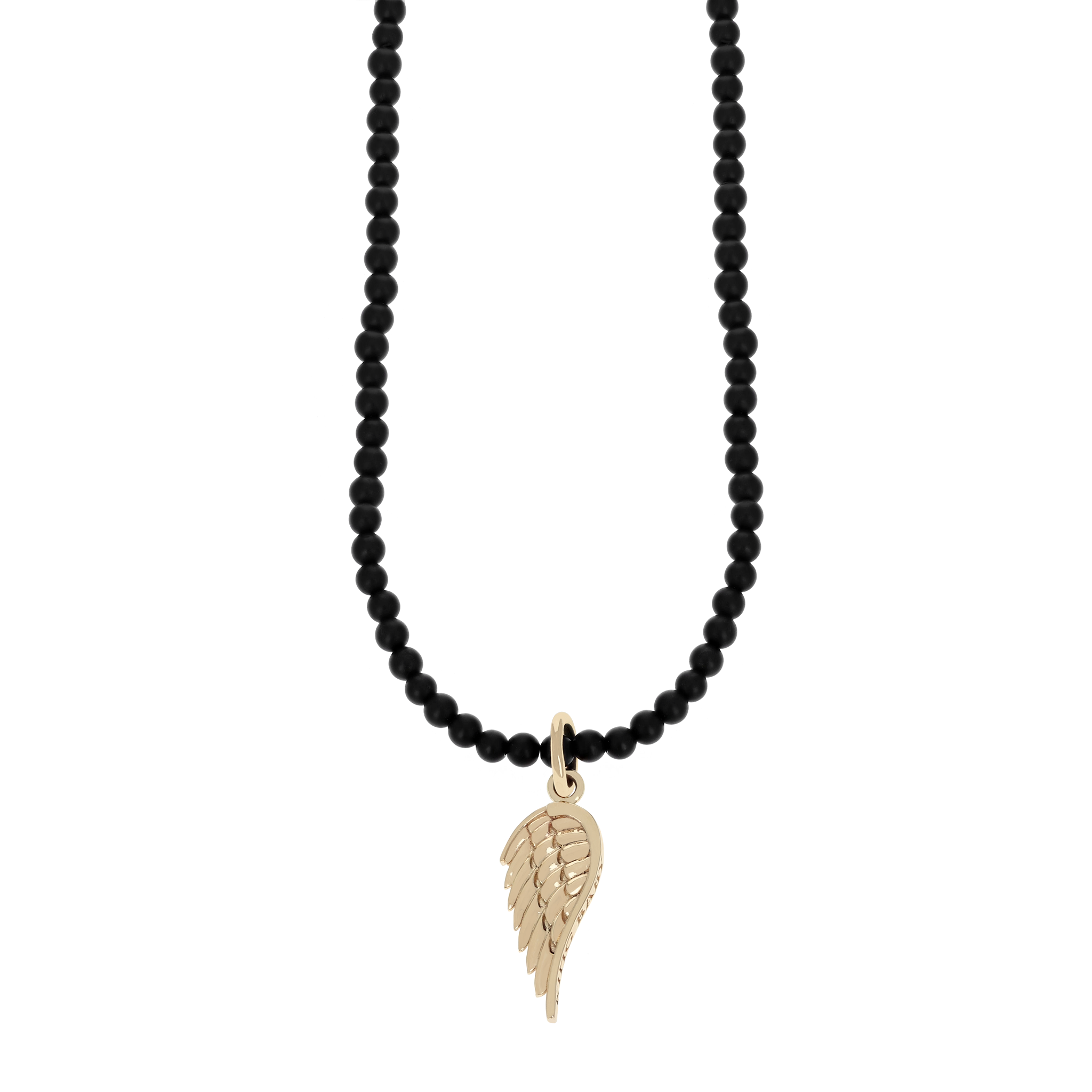 Product shot of 10K Gold Wing Pendant on 24 in. 3mm Onyx Beaded Necklace