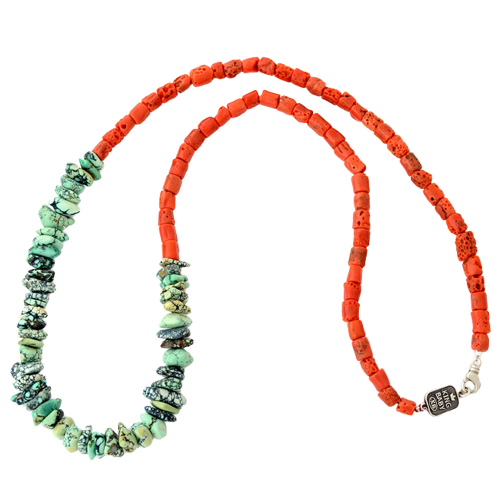 Turquoise Nugget and Coral Barrel Bead Necklace with Lobster Clasp