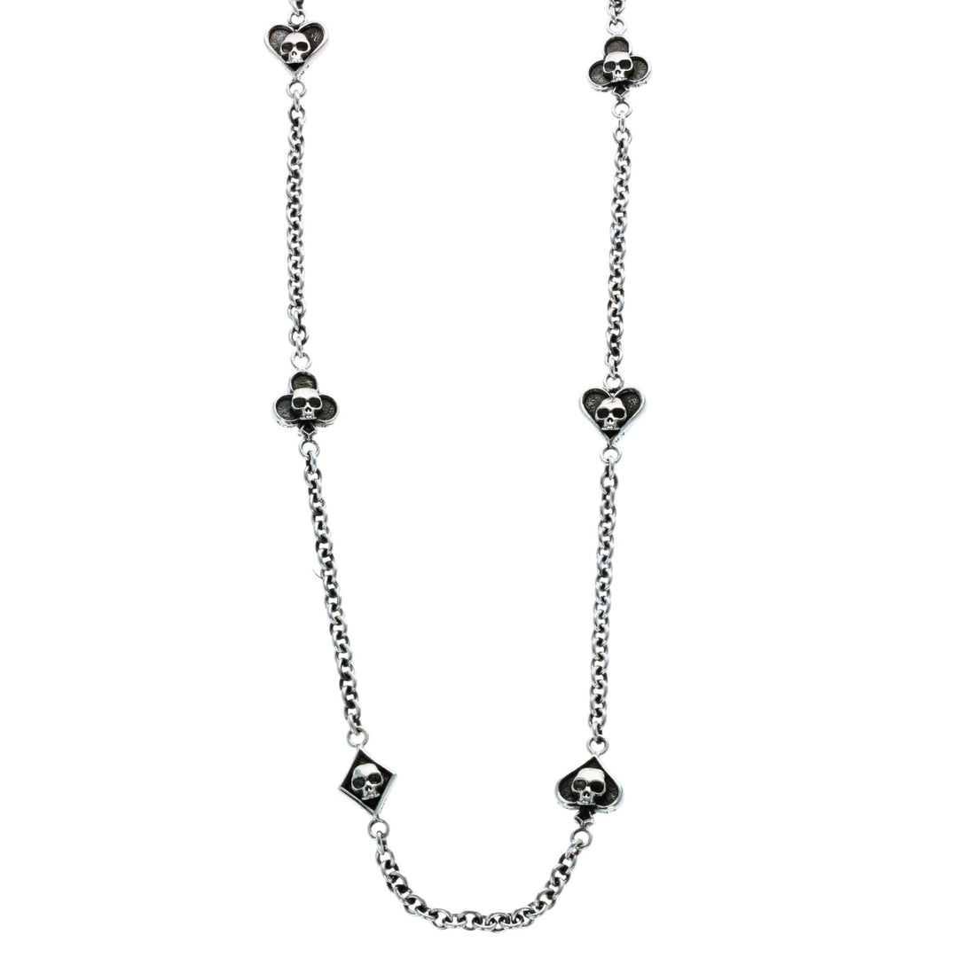 Silver chain necklace with card suit skull designs on a white background