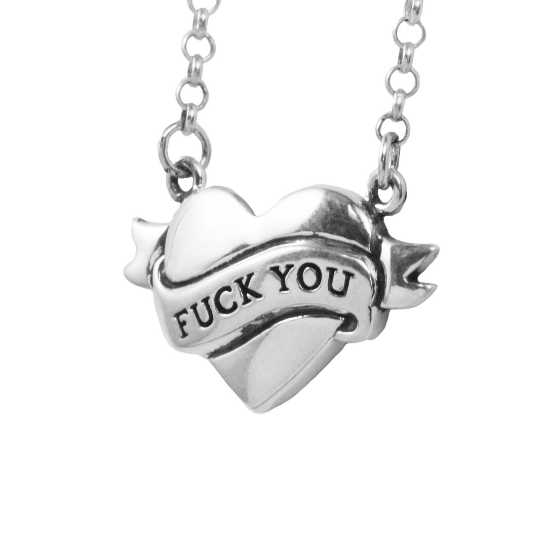 Tattoo Fuck You Heart Necklace on white background close up