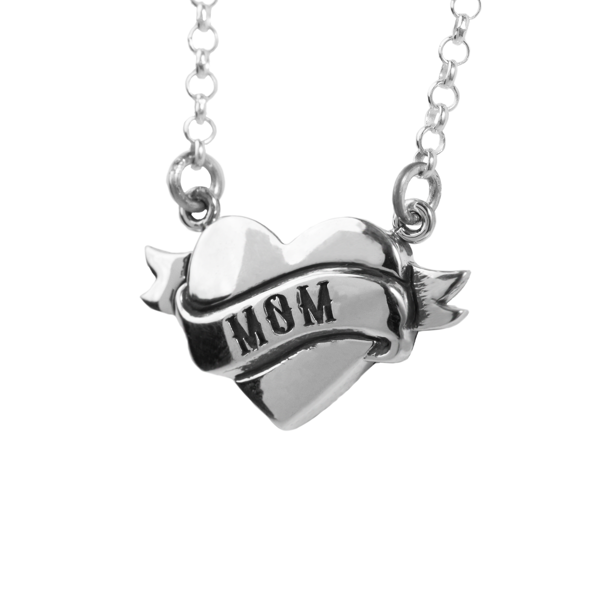 Tattoo Mom Heart Necklace on white background close up