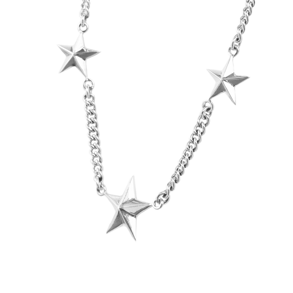 3 Star Necklace on white background 3/4 view close up