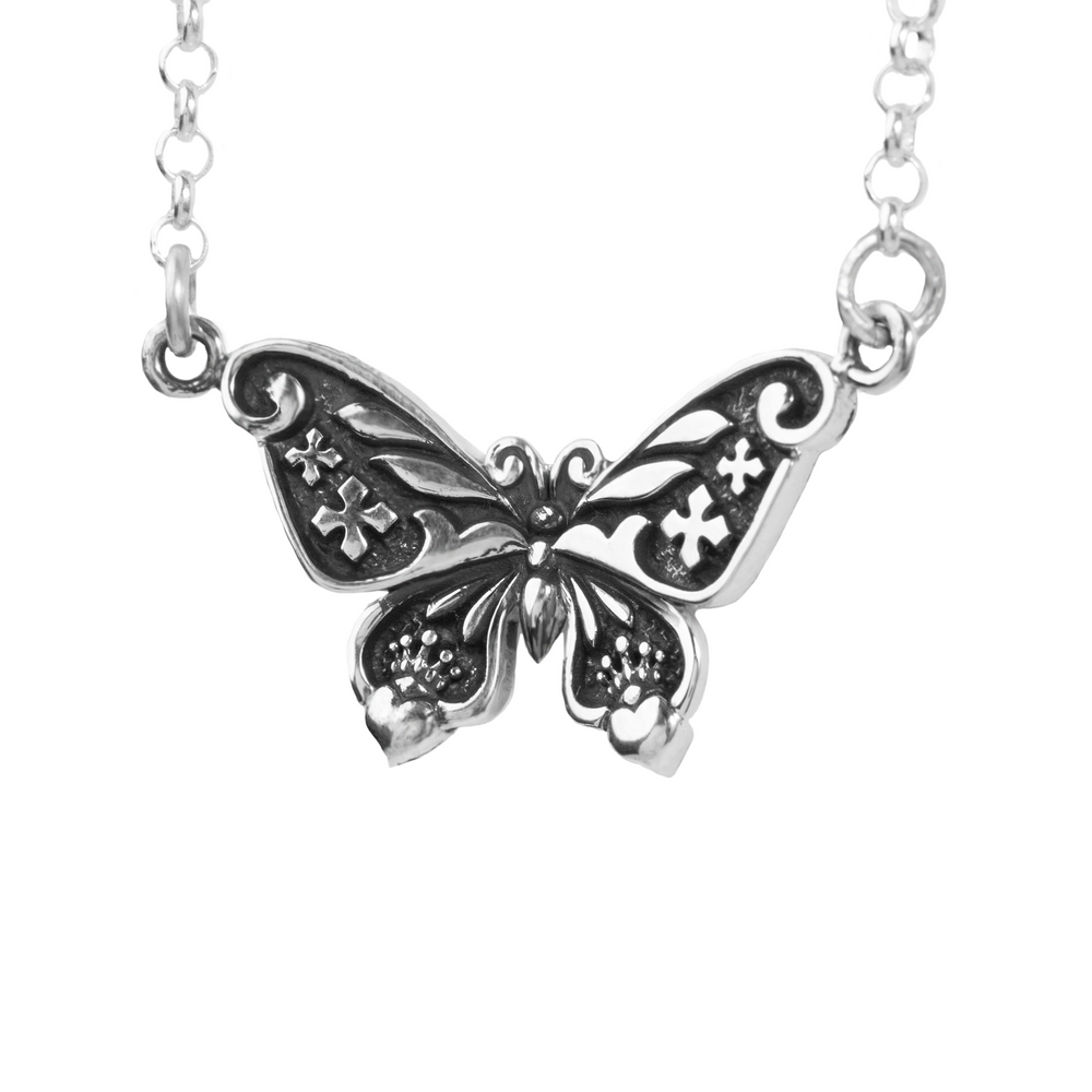 Butterfly Necklace on white background close up 3/4 view