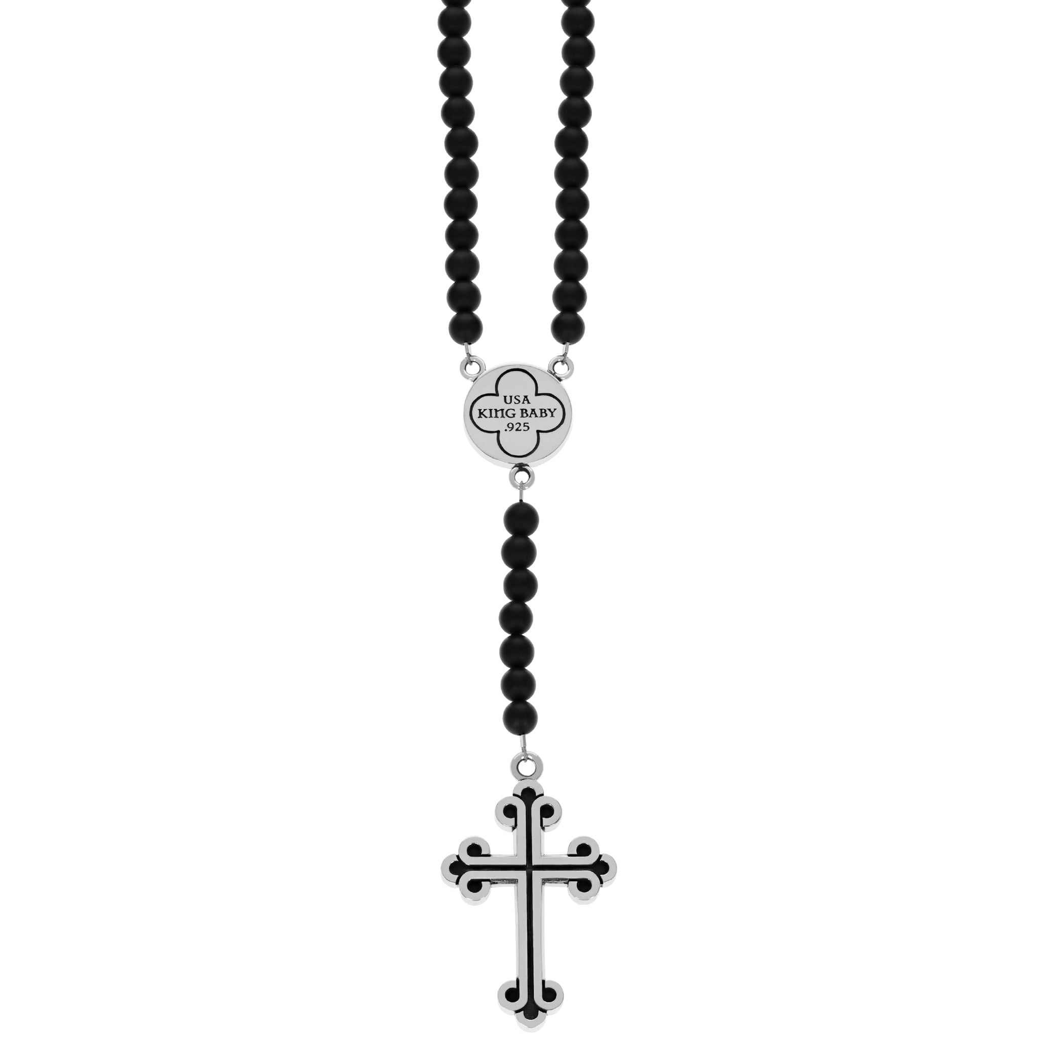 Onyx Bead Rosary w/ Gold Alloy Symmetrical Traditional Cross Center and Large Traditional Cross Drop back