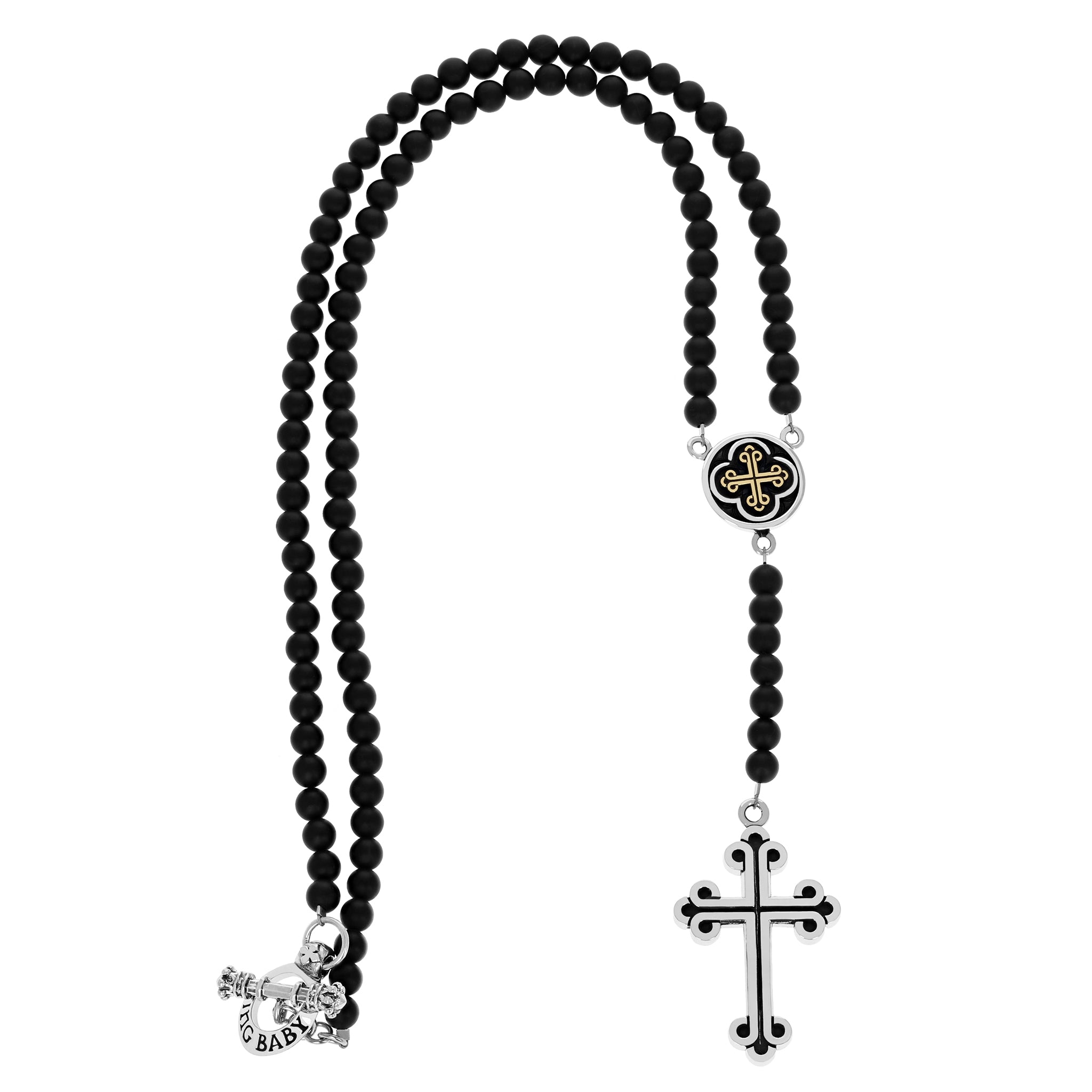 Onyx Bead Rosary w/ Gold Alloy Symmetrical Traditional Cross Center and Large Traditional Cross Drop with loop & toggle 