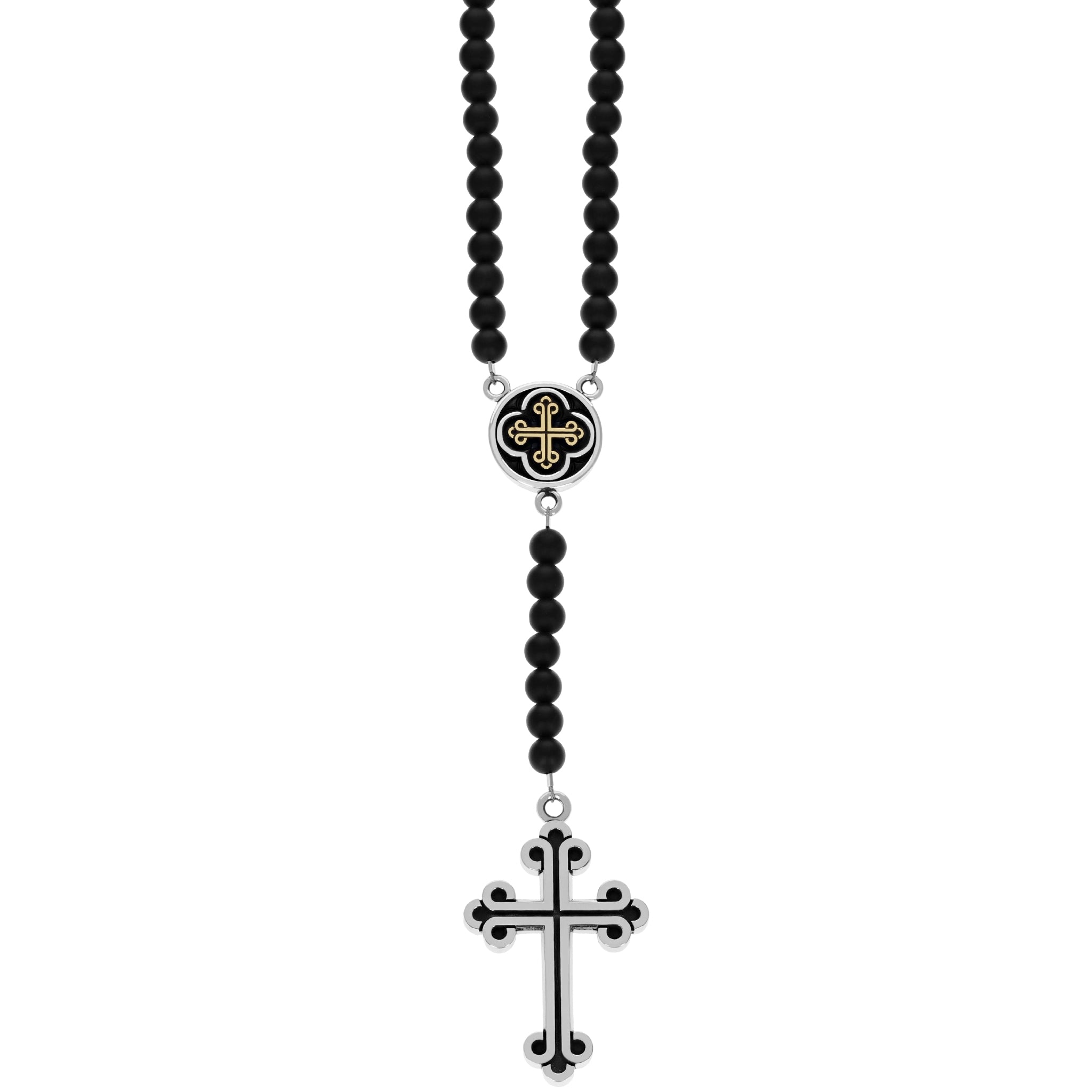 Onyx Bead Rosary w/ Gold Alloy Symmetrical Traditional Cross Center and Large Traditional Cross Drop