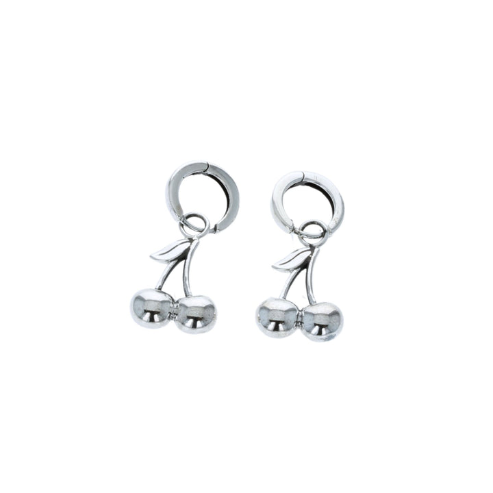 Silver cherry-shaped earrings on a white background