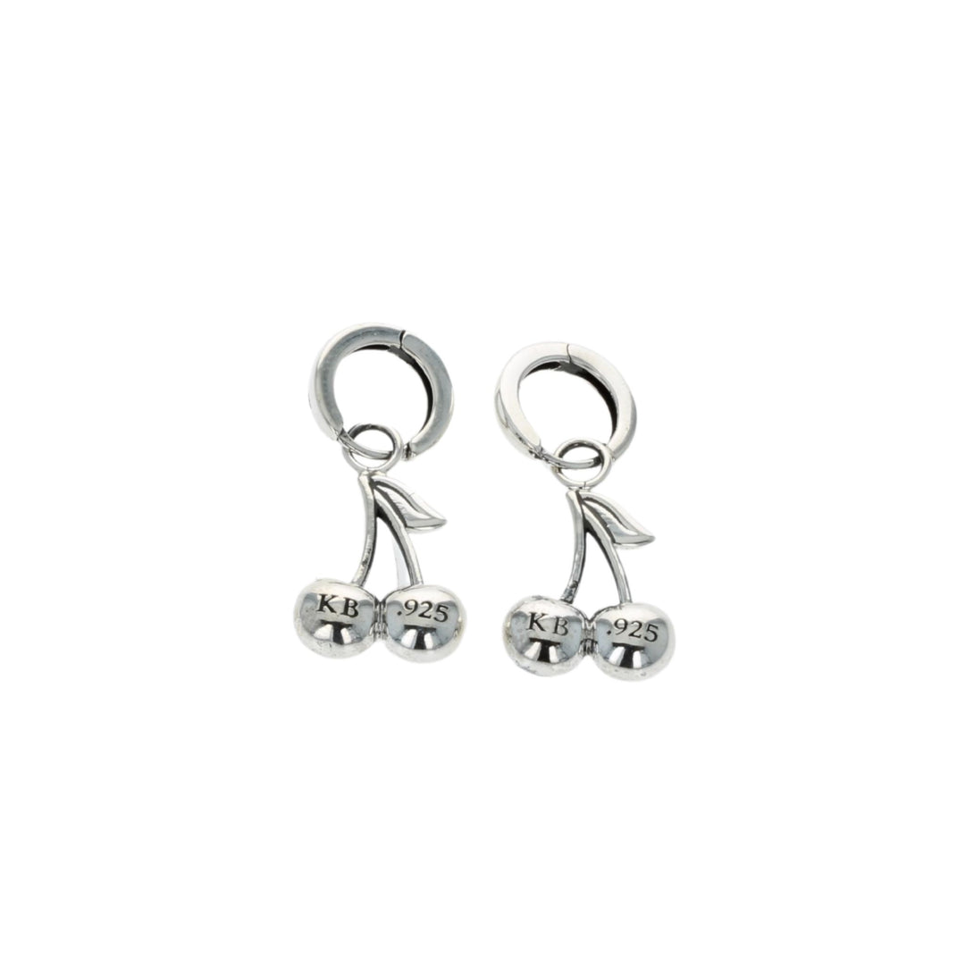 Silver cherry-shaped earrings on a white background