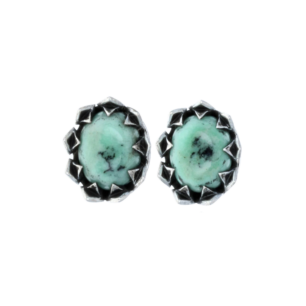 crowned Oval Turquoise stud earrings vertical positioning front view on white background