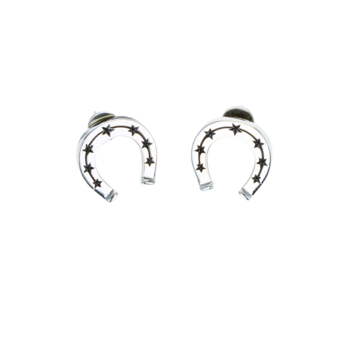 Horseshoe-shaped earrings with star designs on a white background