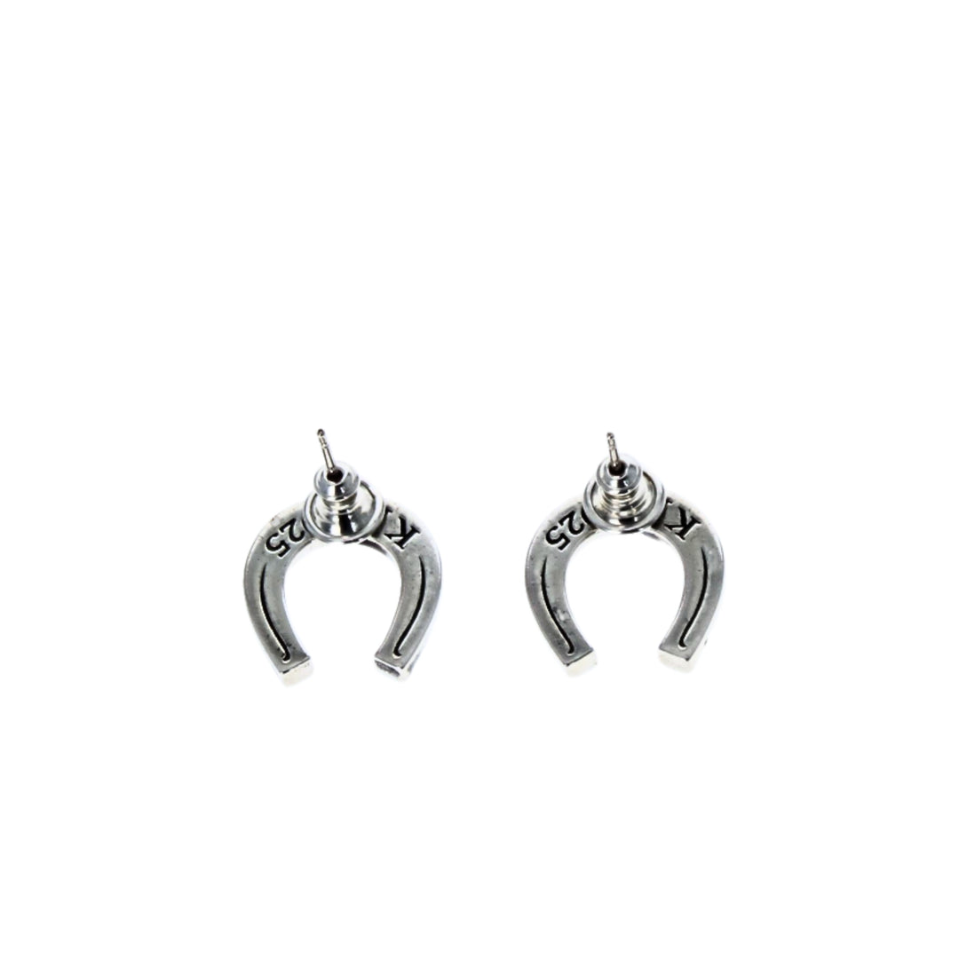 Silver horseshoe-shaped earrings on a white background