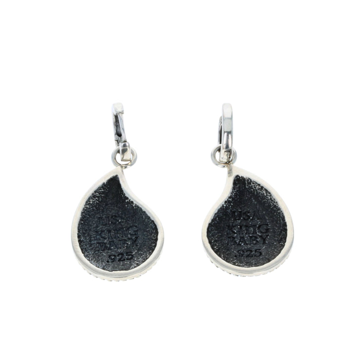Teardrop-shaped earrings with black and silver design on a white background