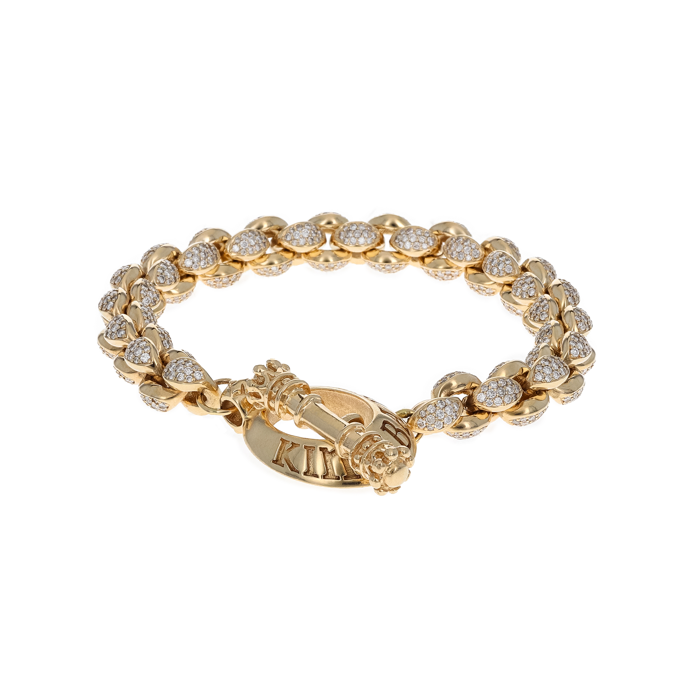 Product shot of 10k Gold Large Infinity Link Bracelet w/ Pave Diamonds on white background
