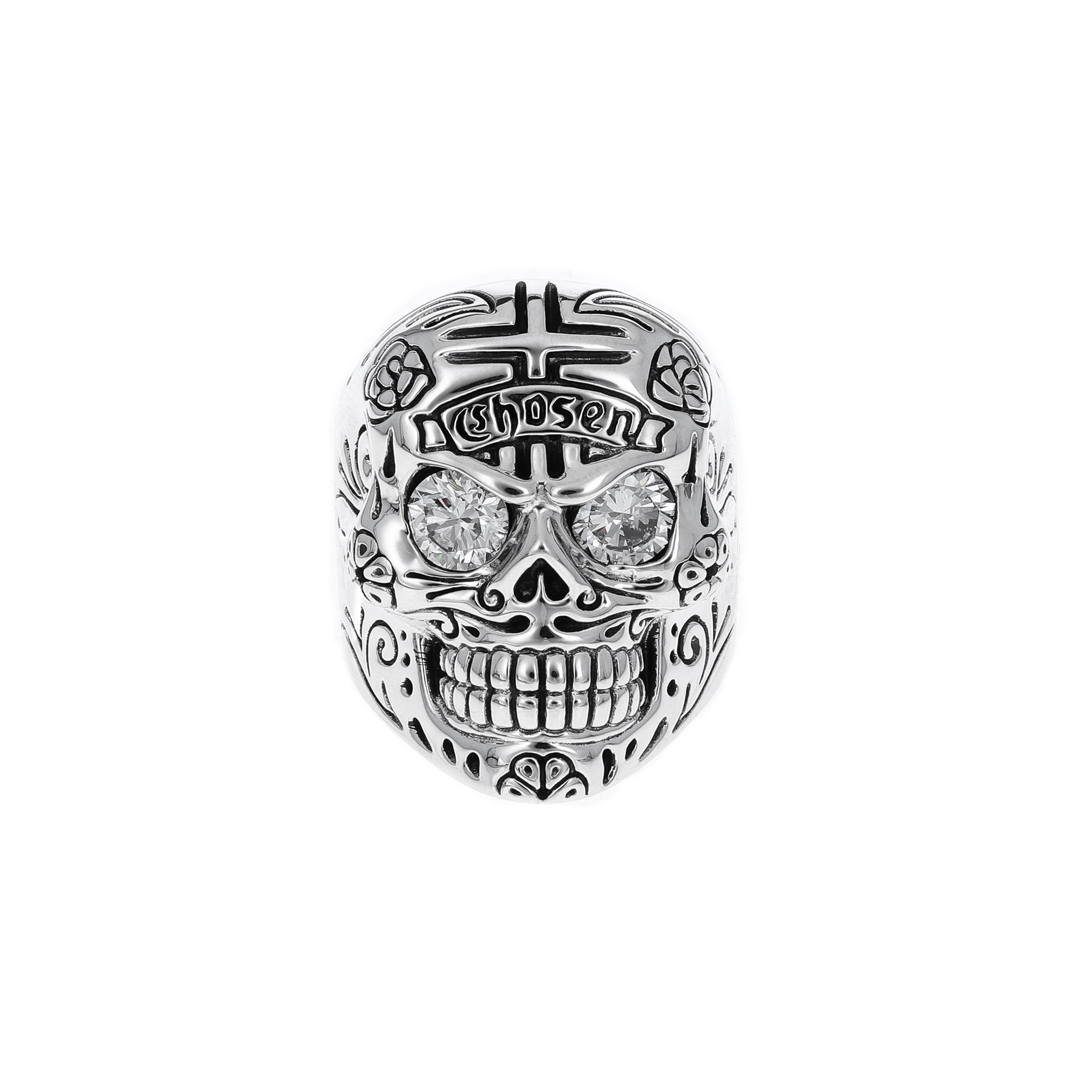 Product shot of Skull Ring with Chosen Cross Detail Diamond Eyes front facing view
