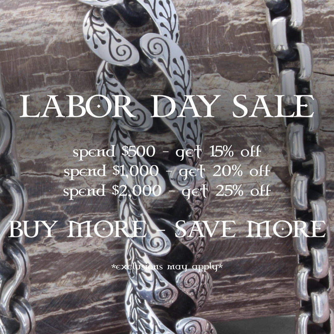 Promotional graphic for a Labor Day Sale featuring ornate silver-toned chain links over a dark wood background with large white text offering discounts based on spending amounts.