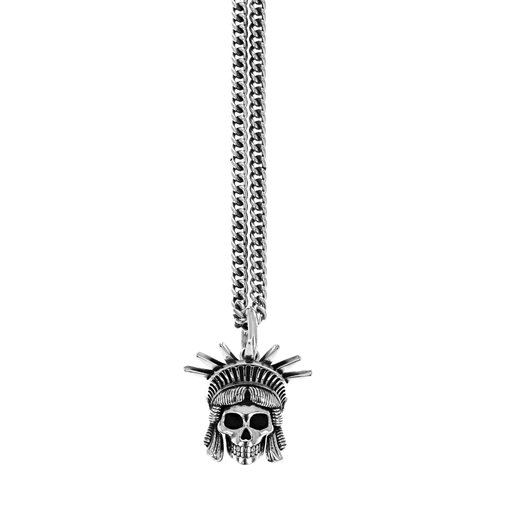 Product shot of skull pendant with statue of liberty crown on head