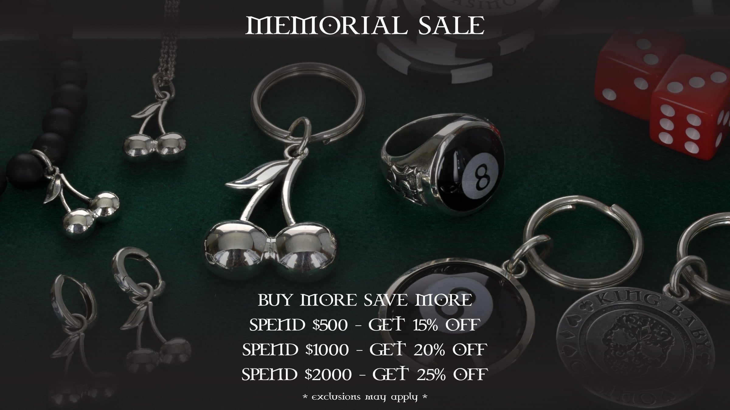 Collection of silver keychains and rings with a 'Memorial Sale' text overlay on a dark background.