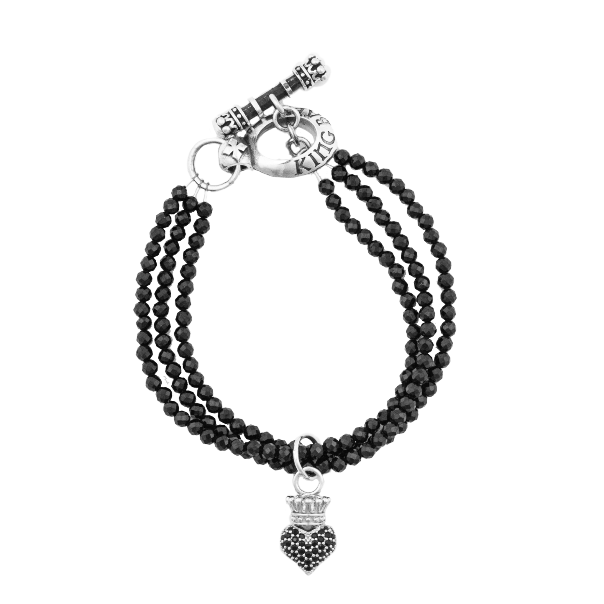 product shot of Three Strand Black Spinel Bracelet w/Black Pave CZ Crowned Heart