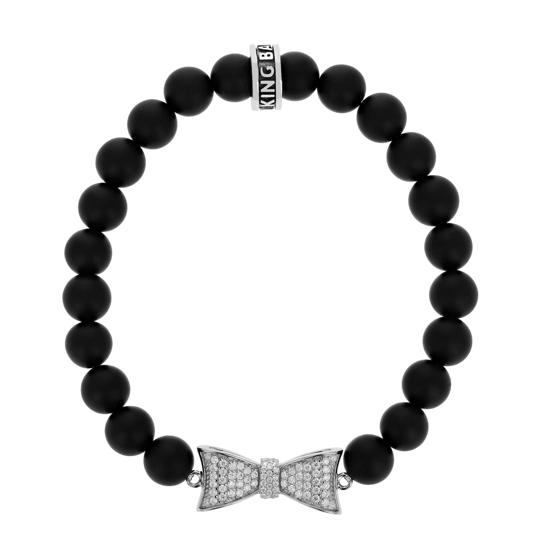 Product shot of 8mm Onyx Bead Bracelet w/ Silver CZ Bow