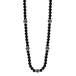 Black Onyx Bead Necklace w/ Silver Roses Product Shot Close