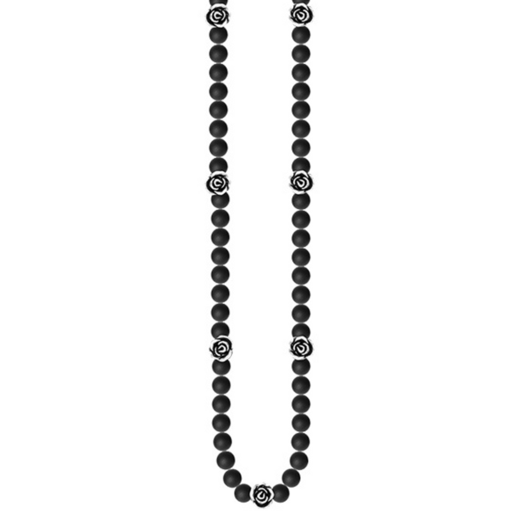 6mm Black Onyx Bead Necklace w/ Silver Roses